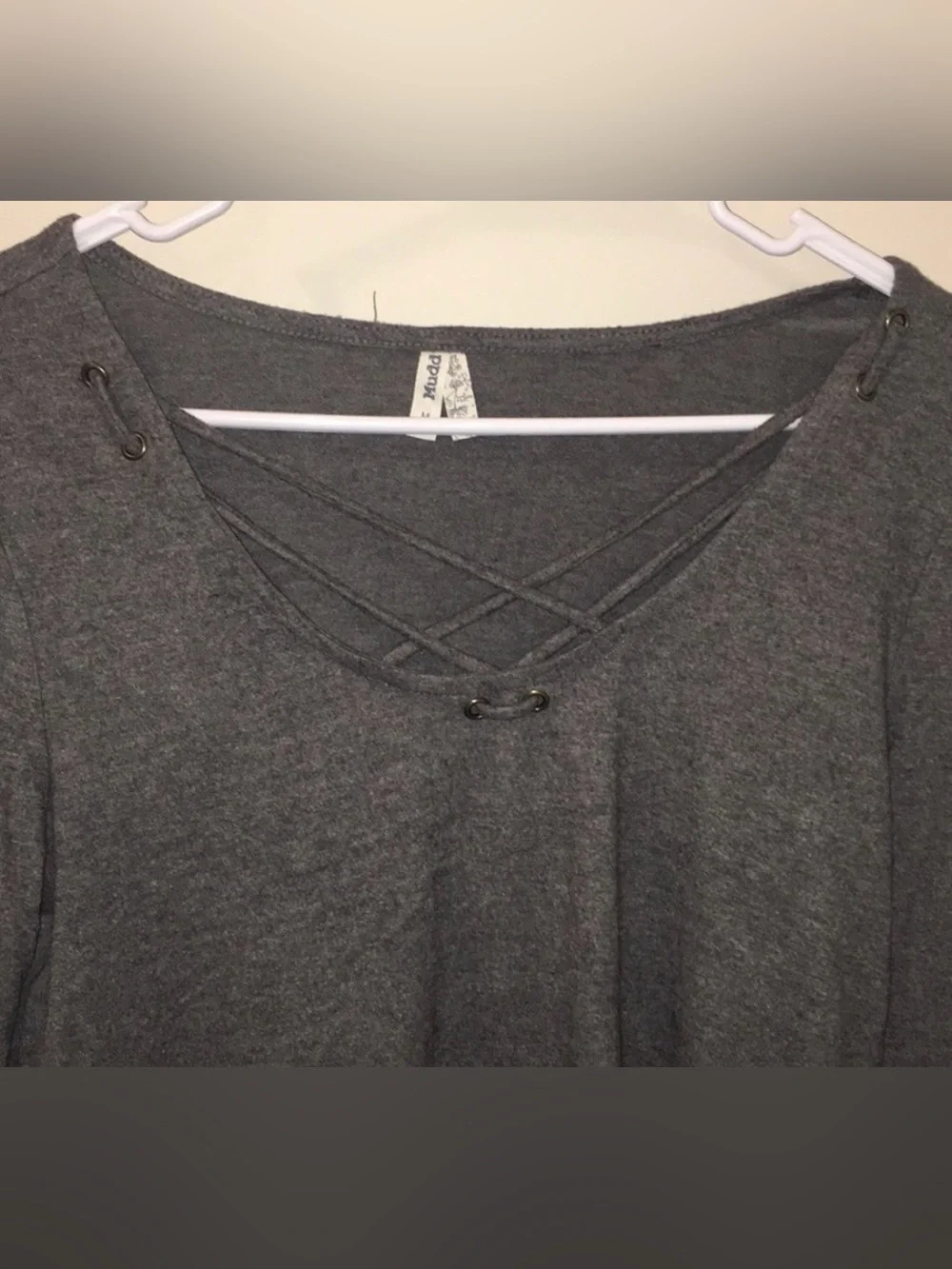 Mudd Charcoal Gray Crisscross V-Neck Long Sleeve Top